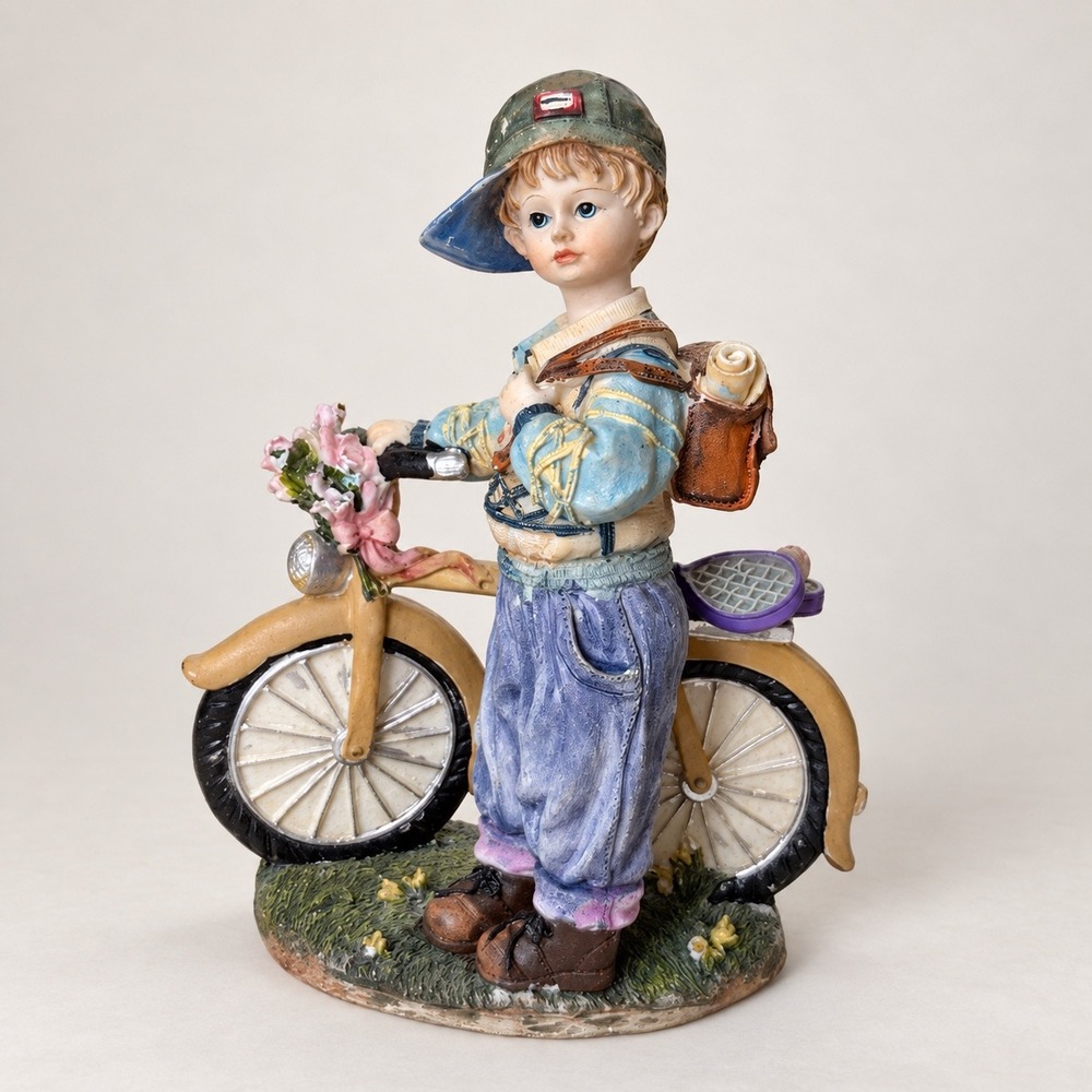 Vintage Boy on Bicycle Figurine Traveler with Backpack Flowers Tennis Racket 6in